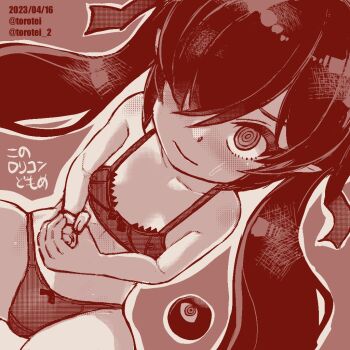 1girl artist_name backbeako_(torotei) backbeard blush bow bow_bra bow_panties bra closed_mouth collarbone commentary dated dutch_angle female_focus gegege_no_kitarou hair_over_one_eye hair_ribbon kono_lolicon_domome light_smile loli long_hair looking_at_viewer monochrome nervous_smile nipples original own_hands_clasped own_hands_together panties pointy_ears pussy pussy_peek ribbon ringed_eyes see-through_clothes see-through_bra see-through_panties simple_background smile solo sweatdrop symbol-only_commentary torotei translated twintails twitter_username underwear underwear_only