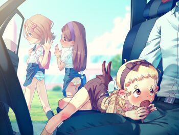 1boy 3girls aftersex age_difference ass backpack bag black_socks blonde_hair bow bow_hairband bracelet brown_eyes brown_hair brown_skirt car car_interior clothes_lift commission cum cum_overflow cumdrip fellatio fingernails freckles from_behind hair_bow hairband highres jewelry kneehighs lewlem loli long_hair long_sleeves looking_back lying motor_vehicle multiple_girls nail_polish on_stomach oral original panties penis pink_bow pleated_skirt purple_hairband school_uniform shirt short_hair short_sleeves skirt skirt_lift socks standing striped_clothes striped_panties textless_version thighs uncensored underwear vehicle_interior white_shirt yellow_shirt