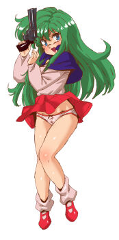 1girl abemorioka arms_up ayanokouji_rem blue_eyes bow bow_panties capelet commentary_request dream_hunter_rem full_body green_hair gun handgun highres legs long_hair miniskirt open_mouth panties pink_panties pink_shirt pink_socks purple_capelet red_shoes red_skirt shirt shoes skirt smile socks solo thighs underwear weapon wind wind_lift