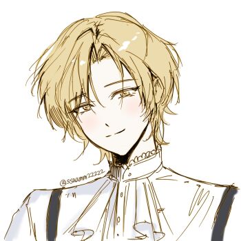 1boy artist_name ascot blonde_hair curtained_hair frilled_shirt frills hair_over_one_eye head_tilt highres light_blush limbus_company looking_at_viewer male_focus official_alternate_costume official_alternate_hairstyle portrait project_moon shirt short_hair sinclair_(project_moon) solo ssaamm22222 suspenders turtleneck turtleneck_shirt white_ascot white_background white_shirt yellow_eyes