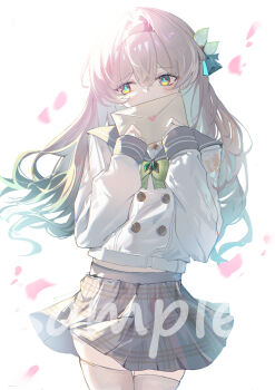 1girl absurdres aqua_pupils averting_eyes black_headband blush brown_eyes buttons commentary_request covering_own_mouth cowboy_shot double-breasted facing_viewer falling_petals firefly_(honkai:_star_rail) firefly_(spring_missive)_(honkai:_star_rail) gradient_hair grey_sailor_collar grey_skirt hair_intakes hair_ornament hands_up headband highres holding holding_letter honkai:_star_rail honkai_(series) hua_(yijing) letter long_sleeves looking_to_the_side love_letter midriff_peek multicolored_eyes multicolored_hair official_alternate_costume petals pink_petals pleated_skirt sailor_collar sample_watermark school_uniform serafuku shirt shy simple_background skirt sleeve_cuffs solo standing thighhighs two-tone_eyes two-tone_hair watermark white_background white_hair white_shirt white_thighhighs yellow_eyes zettai_ryouiki