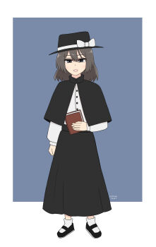 1girl absurdres black_capelet black_eyes black_hat black_shoes black_skirt blue_background book border bow brown_hair buttons capelet commentary_request dated full_body hat hat_bow highres holding holding_book light_blush long_skirt mary_janes mountaingrape07 open_mouth shirt shirt_tucked_in shoes skirt socks solo standing touhou usami_renko white_border white_shirt white_socks