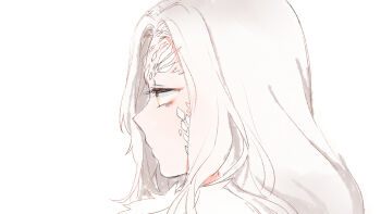 Rule 34 | 1girl, closed mouth, commentary request, dark souls (series), dark souls i, expressionless, from side, long hair, maou skun, portrait, priscilla the crossbreed, profile, simple background, solo, white background, white hair, yellow eyes