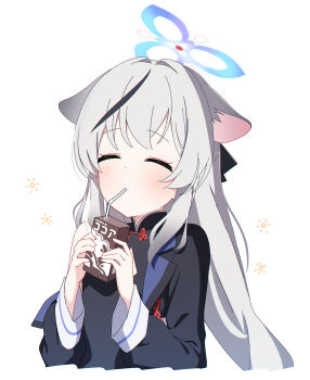 Rule 34 | 1girl, absurdres, animal ears, black dress, black hair, black jacket, blue archive, blue halo, blush, closed eyes, dress, drink, drinking, drinking straw, drinking straw in mouth, foulo paints, grey hair, hair between eyes, halo, highres, holding, holding drink, jacket, kokona (blue archive), long hair, long sleeves, multicolored hair, open clothes, open jacket, simple background, solo, streaked hair, tiger ears, upper body, white background