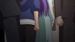1boy 1girl 2025 animated anime_screenshot aqua_skirt audible_speech belly belt belt_buckle belted_skirt blouse blush blush_stickers breasts breasts_out brother_and_sister buckle chikan clothes_lift collarbone crowd dawn embarrassed english_text facing_away formal_clothes from_behind grabbing_another&#039;s_breast grabbing_from_behind groping groping_breast hand_on_breast hand_under_clothes hand_under_shirt high-waist_skirt highres huge_breasts huge_filesize japanese_(nationality) japanese_audio large_breasts long_hair long_skirt long_sleeves looking_back looking_to_the_side mama_katsu_midareru_mama-tachi_no_himitsu midriff molestation multiple_views navel one_eye_closed open_mouth pantyhose pink_eyes public_indecency purple_hair reach-around red_eyes sawai_kyouko shiny_skin shirt shirt_lift siblings skirt sleeve_cuffs sound sound_effects standing stomach subtitled subway surprised train train_interior underboob video voice_actor