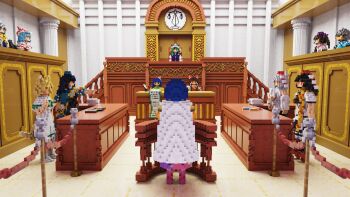 Rule 34 | 1boy, 3d, 6+girls, ace attorney, animal ears, ascot, bat wings, black eyes, black hair, black necktie, black skirt, blonde hair, blue dress, blue eyes, blue hair, blue kimono, blue vest, bow, brown eyes, brown hair, camera, cape, commentary, courtroom, dress, english commentary, geta, green hair, green ribbon, grey hair, hair bow, haori, hat, hieda no akyuu, highres, himekaidou hatate, iizunamaru megumu, inubashiri momiji, izayoi sakuya, japanese clothes, kimono, kudamaki tsukasa, long hair, magica voxel (medium), medium hair, mob cap, morichika rinnosuke, multiple girls, neck ribbon, necktie, objection, patchwork clothes, pixel art, pointing, pom pom (clothes), purple bow, quill, red bow, red eyes, red shirt, remilia scarlet, ribbon, ribbon-trimmed skirt, ribbon trim, romper, scroll, shameimaru aya, shiki eiki, shirt, short hair, skirt, sleeve bow, sleeve ribbon, sleeveless, sleeveless shirt, socks, standing, tengu-geta, tenkyuu chimata, tokin hat, touhou, unconnected marketeers, vest, vonavski, voxel art, white hair, white hat, white romper, white shirt, white socks, wings, witness stand, yellow ascot, yellow eyes, yellow haori, yellow kimono