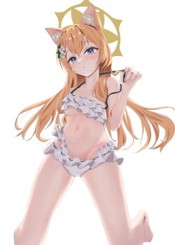 1girl absurdres animal_ear_fluff animal_ears backlighting barefoot bikini blue_archive blue_eyes blush breasts cat_ears cat_girl commentary cosplay eco_mak1 eyelashes floating_hair flower frilled_bikini frills full_body groin hair_between_eyes hair_down hair_flower hair_ornament hair_over_shoulder halo halterneck hifumi_(blue_archive) hifumi_(blue_archive)_(cosplay) hifumi_(swimsuit)_(blue_archive) highres holding holding_string kneeling leaf_hair_ornament long_hair looking_at_viewer mari_(blue_archive) navel orange_hair parted_lips simple_background small_breasts solo string swimsuit thighs underboob white_background white_bikini white_flower yellow_halo