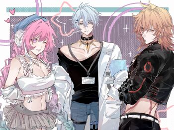 1girl 2boys ;o alternate_costume black_choker black_jacket black_pants black_shirt blonde_hair blue_hat blush breasts chinese_commentary choker cleavage coat collarbone commentary_request cyrene_(honkai:_star_rail) cyrene_(ripples_of_past_reverie)_(honkai:_star_rail) denim diamond-shaped_pupils diamond_(shape) grey_skirt hat heart highres honkai:_star_rail honkai_(series) jacket jeans long_hair midriff miniskirt multicolored_hair multiple_boys mydei_(honkai:_star_rail) nabiyn navel one_eye_closed pants phainon_(honkai:_star_rail) pink_hair purple_eyes shirt short_hair skirt strapless symbol-shaped_pupils tube_top two-tone_hair very_long_hair white_coat white_hair white_tube_top yellow_eyes