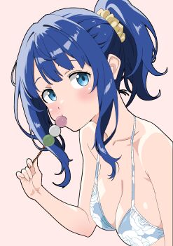 1girl absurdres bikini blue_eyes blue_hair breasts cleavage collarbone commentary_request dango eating food high_ponytail highres large_breasts looking_at_viewer make_heroine_ga_oo_sugiru! matsuokalive10 ponytail revision simple_background solo strap_gap swimsuit upper_body wagashi white_background yanami_anna