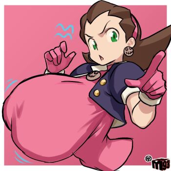 1girl breasts capcom earrings female_focus gloves green_eyes huge_breasts jewelry looking_at_viewer medium_hair mega_man_(series) mega_man_legends_(series) mewmaster93 pointing pointing_at_viewer skull_earrings solo tron_bonne_(mega_man) upper_body