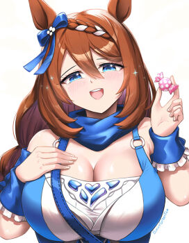 1girl animal_ears bag blue_bag blue_dress blue_eyes blue_scarf blush bow braid breasts brown_hair burnt_green_tea candy dress ear_bow ear_ribbon food hair_between_eyes highres holding holding_candy holding_food horse_ears horse_girl large_breasts long_hair looking_at_viewer multicolored_hair open_mouth scarf shoulder_bag simple_background smile solo streaked_hair super_creek_(murmuring_stream)_(umamusume) super_creek_(umamusume) umamusume upper_body very_long_hair white_background white_hair wrist_cuffs