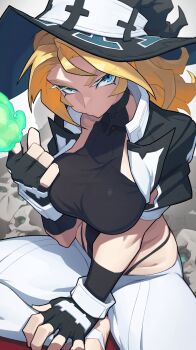 1girl black_gloves black_hat black_jacket black_leotard blonde_hair blue_eyes breasts commission fingerless_gloves fire flaming_hand gloves green_fire hand_on_own_foot hand_up hat hata4564 highres jacket large_breasts leotard long_hair looking_at_viewer open_clothes open_jacket original pants short_sleeves sitting skeb_commission solo stirrup_legwear toeless_legwear white_pants witch_hat yoga_pants