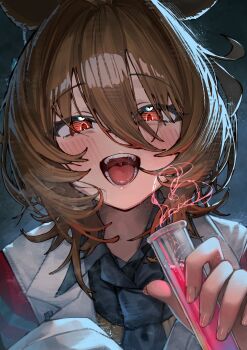 1girl :d absurdres agnes_tachyon_(tach-nology)_(umamusume) agnes_tachyon_(umamusume) animal_ears betabeet black_necktie blush brown_hair coat fingernails hair_between_eyes highres holding holding_test_tube horse_ears horse_girl lab_coat long_hair_between_eyes looking_at_viewer necktie open_mouth red_eyes saliva saliva_trail short_hair smile solo teeth test_tube tongue umamusume uvula white_coat