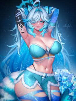 1girl absurdres ahoge anna_o_renko armpits arms_behind_head blue_eyes blue_hair blue_skirt breasts cheek_piercing collarbone colored_inner_hair eyelashes face_piercing fur-trimmed_skirt fur_trim hair_over_one_eye highres indie_virtual_youtuber lip_piercing mimi_hela multicolored_hair navel navel_piercing panty_straps parted_lips piercing signature skirt snow_leopard_ears snow_leopard_girl snow_leopard_tail solo stomach twitter_username virtual_youtuber ych_commission