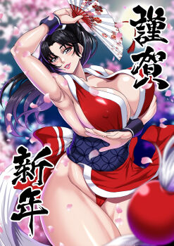Rule 34 | 1girl, black hair, breasts, curvy, fan, fatal fury, highres, huge breasts, long hair, shiranui mai, the king of fighters, thick thighs, thighs