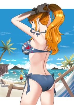 1girl absurdres adjusting_hair alternate_costume arms_up ass back bangle bare_shoulders beach beach_chair bikini blue_bikini blue_sky border bracelet breasts closed_mouth cloud cloudy_sky commentary cowboy_shot cup drink drinking_straw earrings from_behind from_side halterneck high_ponytail highres holding holding_own_hair jewelry large_breasts log_pose long_hair mountainous_horizon namhaekeuin nami_(one_piece) ocean one_piece outdoors outside_border palm_tree pearl_earrings ponytail profile sand shoulder_tattoo side-tie_bikini_bottom sidelocks sky smile solo swimsuit tattoo tree white_border