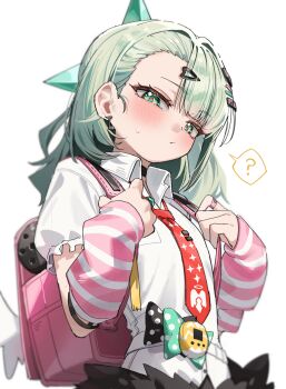 1girl ? absurdres arm_warmers backpack bag black_skirt commentary_request green_eyes green_hair green_tea_(matchaistasty) highres looking_at_viewer necktie pink_arm_warmers randoseru red_necktie shirt skirt solo spoken_question_mark striped_arm_warmers sunna_(zenless_zone_zero) white_shirt zenless_zone_zero