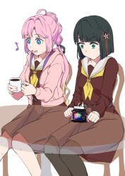 Rule 34 | 2girls, ahoge, anyoji hime, black hair, black pantyhose, black ribbon, blonde hair, blue eyes, blunt bangs, blunt ends, bob cut, brown dress, check commentary, coffee mug, commentary request, cup, dress, eighth note, feet out of frame, flower, flower knot, gradient hair, green eyes, hair flower, hair intakes, hair ornament, hair ribbon, hasu no sora school uniform, highres, holding, holding cup, hood, hooded jacket, jacket, knees together feet apart, legs together, link! like! love live!, long hair, long sleeves, love live!, matsu 038, medium dress, milk carton, momose ginko, mug, multi-tied hair, multicolored hair, multiple girls, musical note, neckerchief, nervous sweating, no mouth, on chair, open clothes, open jacket, open mouth, pantyhose, pink hair, pink jacket, pleated dress, ponytail, ribbon, sailor collar, sailor dress, sanpaku, school uniform, short hair, sidelocks, simple background, sitting, smile, sweat, swept bangs, very long hair, virtual youtuber, white background, white sailor collar, winter uniform, x-ray, yellow neckerchief