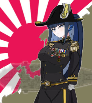 bicorne blue_archive blue_hair dress frock_coat hat highres image_sample imperial_japanese_navy k3bbys long_hair map military military_uniform pixiv_sample saori_(blue_archive) world_war_ii