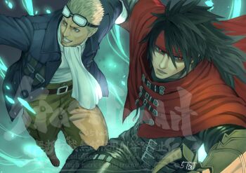 2boys 5tatsu ascot aviator_goggles belt_buckle black_hair black_pants black_shirt blonde_hair blue_eyes blue_jacket boots brown_boots brown_gloves brown_pants buckle cid_highwind clawed_gauntlets cloak final_fantasy final_fantasy_vii final_fantasy_vii_rebirth final_fantasy_vii_remake furrowed_brow gloves goggles goggles_on_head grin hair_between_eyes headband highres holster jacket lifestream long_hair male_focus multiple_boys pants parted_lips red_cloak red_eyes red_headband shirt short_hair sleeves_rolled_up smile spiked_hair teeth thigh_holster twitter_username vincent_valentine white_ascot white_shirt