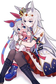 2girls ahoge animal_ears bare_shoulders black_boots black_pantyhose blue_eyes blue_hairband blue_sports_bra blush boots bound bow commentary_request ear_covers fang gloves grey_hair grey_tail hair_between_eyes hair_ornament hairband headband highres horse_ears horse_girl horse_tail hug hug_from_behind jacket long_hair multicolored_bow multicolored_hairband multicolored_ribbon multiple_girls nervous_sweating official_alternate_costume oguri_cap_(miraculous_white_star)_(umamusume) oguri_cap_(umamusume) open_mouth pants pantyhose pink_ribbon red_headband red_skirt ribbon shirt short_sleeves simple_background skirt smile snafamo sports_bra striped_clothes striped_hairband sweat tail tamamo_cross_(umamusume) tamamo_cross_(with_lightning_speed)_(umamusume) tied_up_(nonsexual) two-tone_hairband umamusume very_long_hair white_background white_gloves white_jacket white_pants white_shirt yuri