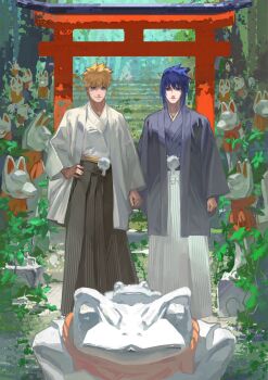 2boys black_hakama blonde_hair blue_eyes blue_hair facial_mark full_body hair_between_eyes hakama hand_on_own_hip highres holding_hands japanese_clothes male_focus multiple_boys naruto_(series) naruto_shippuuden rayray8208820 sharp_teeth short_hair smile statue teeth torii uchiha_sasuke uzumaki_naruto whisker_markings yaoi