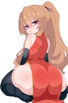 1girl aisaka_taiga ass black_gloves black_thighhighs blush brown_eyes brown_hair china_dress chinese_clothes dress from_behind gloves highres huge_ass kukuchi581 kyojiri_loli loli long_hair looking_at_viewer looking_back no_panties open_mouth ponytail red_dress side_slit sitting sleeveless sleeveless_dress thick_thighs thighhighs thighs toradora! white_background wide_hips
