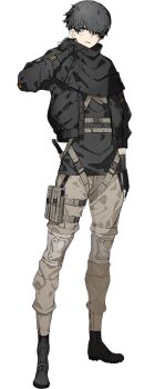 Rule 34 | 1boy, alba (synduality), bandage on face, bandages, belt around waist, black hair, black shirt, boots, brown pants, capelet, fingerless gloves, full body, gloves, hair between eyes, hand on own neck, jacket, knee guards, knife, male focus, neco, official art, open clothes, open jacket, pants, pouch, shirt, short hair, standing, synduality, synduality echo of ada, thigh pouch