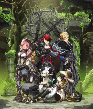 Rule 34 | 3boys, 3girls, :d, absurdres, adol christin, animal ears, aqua eyes, armor, armpits, ascot, asymmetrical sleeves, black hair, black jacket, blonde hair, boots, breasts, brick floor, brick wall, bridal gauntlets, brown hair, capelet, cat ears, celtic knot, chain, cleavage, cleavage cutout, closed eyes, closed mouth, clothing cutout, corset, cow ears, cow horns, crimson king (ys), detached sleeves, doll (ys), dress, elbow gloves, gloves, gradient hair, grey hair, hair over one eye, hand on own hip, hands on hilt, hat, hawk (ys), head on knee, high collar, highres, holding, holding own tail, holding sword, holding weapon, horns, horns through headwear, hugging own legs, ivy, jacket, key visual, large breasts, long hair, looking at viewer, looking to the side, mini hat, multicolored hair, multiple boys, multiple girls, nakbe, official art, open mouth, outstretched legs, pants, pauldrons, picture hat, pink hair, polearm, profile, promotional art, raging bull (ys), red hair, renegade (ys), short hair, shoulder armor, single bare arm, single pauldron, single sleeve, sitting, sleeveless, sleeveless dress, smile, standing, stretching, swept bangs, sword, tail, thighhighs, third-party source, tree, vambraces, veil, weapon, wheel, white ascot, white cat (ys), white hair, ys, ys ix: monstrum nox