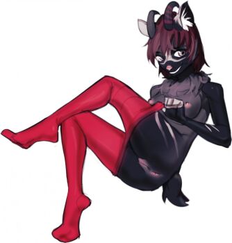 1girl animal_ears anus breasts commission furry furry_female goat_ears goat_girl goat_tail grey_eyes grin highres horns looking_at_viewer medium_breasts nipples no_shoes original pantyhose pita-potato pussy red_hair red_pantyhose short_hair simple_background smile solo tail teeth topless_female