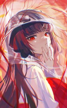 1girl absurdres black_hair bridal_veil closed_mouth covering_own_mouth hashtag-only_commentary highres iur5021 japanese_clothes kimono limbus_company long_hair looking_at_viewer project_moon red_eyes ryoshu_(project_moon) see-through_clothes shiromuku solo uchikake veil wataboushi white_kimono