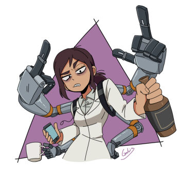 Rule 34 | 1girl, bags under eyes, bottle, breasts, cellphone, clenched teeth, coat, commentary, cup, dark-skinned female, dark skin, galois, highres, holding, holding bottle, holding cup, holding phone, inside job, lab coat, mechanical arms, middle finger, mug, phone, raised eyebrow, reagan ridley, small breasts, smartphone, solo, teeth, upper body, white coat