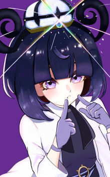 1girl black_dress black_hair blunt_bangs breasts coat commentary dress gloves glowing gwynn_(pokemon) hands_up hat highres index_fingers_raised medium_hair nariyusan331 nintendo open_clothes open_coat pokemon pokemon_legends:_z-a purple_background purple_eyes simple_background solo upper_body white_coat