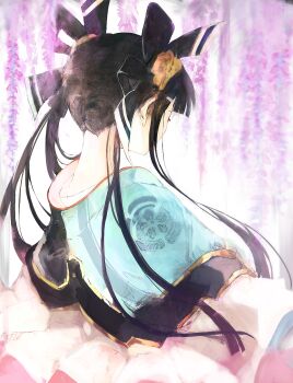 1girl black_hair flower from_behind hair_ornament highres japanese_clothes long_hair nape oda_kou pale_skin rance_(series) sengoku_rance solo tsutsugano