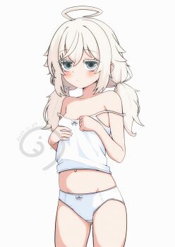 1girl absurdres ahoge blue_eyes blush bow bow_camisole bow_panties camisole expressionless hands_on_own_chest highres loli long_hair navel original panties solo stomach strap_slip thighs twintails underwear underwear_only vuta white_camisole white_hair white_panties