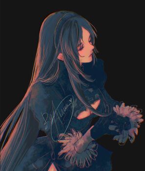 1girl 2b_(nier:automata) 2b_(nier:automata)_(cosplay) black_background black_dress black_gloves black_hair breasts cleavage cleavage_cutout closed_eyes closed_mouth clothing_cutout commentary company_connection cosplay dress eyelashes feather-trimmed_sleeves final_fantasy final_fantasy_vii final_fantasy_vii:_ever_crisis gloves heart highres large_breasts long_hair nier:automata nier_(series) official_alternate_costume puffy_sleeves signature solo tifa_lockhart tifa_lockhart_(battler_ensemble) turtleneck turtleneck_dress upper_body xainaa