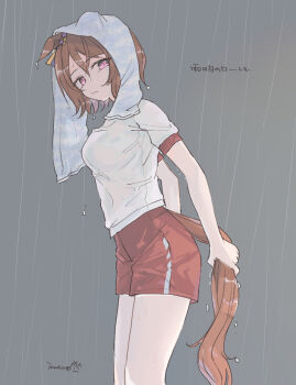 1girl animal_ears breasts brown_hair closed_mouth ear_ornament flower_in_eye gym_shirt hair_ornament highres horse_ears horse_girl horse_tail inutose medium_breasts pink_eyes purple_eyes rain red_shorts sakura_laurel_(umamusume) shirt short_hair short_sleeves shorts smile solo symbol_in_eye tail towel towel_on_head tracen_training_uniform umamusume wet wet_clothes white_shirt wringing_tail