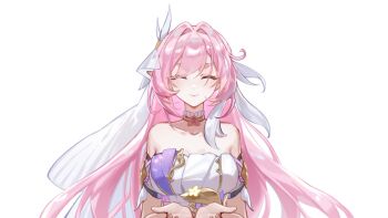 1girl bare_shoulders breasts chinese_commentary commentary_request corset elysia_(herrscher_of_human:_ego)_(honkai_impact) elysia_(honkai_impact) highres honkai_(series) honkai_impact_3rd large_breasts long_hair looking_at_viewer multicolored_hair pink_hair procreate_(medium) seawave02974 simple_background smile solo triquetra two-tone_hair veil very_long_hair white_background white_corset white_hair white_veil