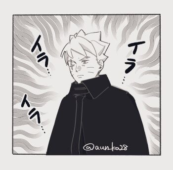 1boy boruto:_two_blue_vortex cloak collared_cloak commentary_request facial_mark frown greyscale highres male_focus monochrome naruto_(series) onka_(aun_ka28) scar scar_across_eye scar_on_face solo twitter_username upper_body uzumaki_boruto whisker_markings