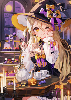1girl ;q bare_tree black_dress black_hat bow breasts brown_hair candle candlestand commentary detached_sleeves dress earrings english_commentary fire fork frilled_dress frills full_moon goroo_(eneosu) hair_between_eyes halloween hands_up hat hat_bow highres holding holding_fork indoors jewelry long_hair long_sleeves looking_at_viewer medium_breasts moon nail_art nail_polish one_eye_closed orange_bow orange_eyes original puffy_long_sleeves puffy_sleeves purple_bow purple_sky sky sleeves_past_wrists solo table tiered_tray tongue tongue_out tree very_long_hair wall_lamp white_sleeves window witch_hat