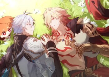 Rule 34 | 2boys, absurdres, antenna hair, arm tattoo, armor, black coat, black shirt, blonde hair, blue eyes, braid, chest tattoo, chimera (honkai: star rail), chinese commentary, clawed gauntlets, coat, commentary request, earrings, facial tattoo, gold earrings, gold necklace, gradient hair, highres, holding hands, honkai: star rail, honkai (series), jewelry, lying, male focus, medium hair, multicolored hair, multiple boys, mydei (fig stew) (honkai: star rail), mydei (honkai: star rail), necklace, on back, on grass, on side, open clothes, open coat, parted bangs, pauldrons, phainon (honkai: star rail), phainon (vigethos) (honkai: star rail), red hair, red tattoo, shirt, short hair, shoulder armor, side braid, single pauldron, sun print, tattoo, white coat, white hair, xiran727, yaoi, yellow eyes