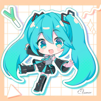 1girl aqua_eyes aqua_hair aqua_necktie black_boots black_skirt black_sleeves blush_stickers boots chibi chibi_only detached_sleeves grey_shirt grid_background hair_between_eyes hair_ornament hatsune_miku hatsune_miku_(vocaloid6) heart heart_hair_ornament looking_at_viewer lowres momone_cco necktie shirt sidelocks skirt sleeveless sleeveless_shirt solo sparkle spring_onion thighhighs tie_clip twintails vocaloid wide_sleeves wing_collar zettai_ryouiki