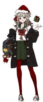 1girl alternate_costume bag bag_charm bell black_bag black_coat black_shoes bow bowtie box character_charm charm_(object) coat commentary_request full_body gift gift_box green_sailor_collar green_skirt grey_hair grin hat highres jessica_(reverse:1999) legs_apart long_hair looking_at_viewer miniskirt pantyhose pleated_skirt red_bow red_bowtie red_eyes red_hat red_pantyhose reverse:1999 rubuska sailor_collar santa_hat school_bag school_uniform serafuku shirt shoes skirt smile solo sparkle standing v-shaped_eyebrows white_background white_shirt ziyunshanding