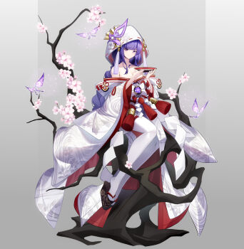 1girl absurdres alternate_costume armpit_crease bare_shoulders bare_tree blunt_bangs braid branch breasts bride cherry_blossoms cleavage closed_mouth commentary_request crystalfly_(genshin_impact) fan_hair_ornament from_side genshin_impact glowing grey_background hair_ornament head_tilt highres hood hood_up hooded_kimono in_tree japanese_clothes kimono large_breasts light_blush light_particles light_smile long_braid long_hair long_sleeves looking_at_viewer looking_to_the_side ming_cha_zi mole mole_under_eye naku_weed off_shoulder purple_eyes purple_hair raiden_shogun robe shade shiromuku single_braid sitting sitting_in_tree thighhighs tree uchikake wedding white_hood white_kimono white_thighhighs