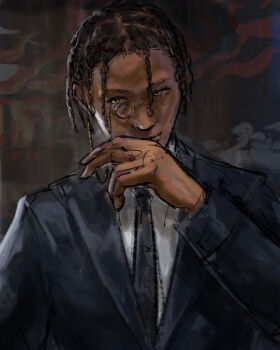 1boy absurdres black_hair blurry blurry_background call_of_cthulhu commentary cthulhu_mythos dark-skinned_male dark_skin dreadlocks enhenduannna hair_between_eyes highres looking_to_the_side monocle necktie nyarlathotep original procreate_(medium) solo yellow_eyes