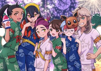 2boys 4girls arven_(pokemon) bag blue_hair blush brown_eyes brown_hair carmine_(pokemon) closed_mouth commentary_request crossed_bangs eevee fireworks food freckles gen_1_pokemon glasses green_hair grey_hair hair_over_one_eye hands_on_another&#039;s_shoulders holding japanese_clothes juliana_(pokemon) kieran_(pokemon) long_hair looking_at_viewer mask mask_on_head mole mole_on_neck mole_under_eye multicolored_hair multiple_boys multiple_girls nemona_(pokemon) night nintendo open_mouth outdoors parted_lips penny_(pokemon) pokemon pokemon_sv ponytail purple_hair red_hair round_eyewear shaved_ice short_hair yellow_bag yellow_eyes yuu_(jgvj7873)