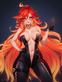 1girl absurdres ahoge anna_o_renko bare_shoulders biker_clothes bikesuit black_background black_bodysuit black_gloves blonde_hair blush bodysuit bracelet breasts breasts_apart center_opening closed_mouth collarbone commentary cowboy_shot earrings english_commentary fire genshin_impact gloves hair_between_eyes hand_on_own_hip hand_up highres jewelry large_breasts lipstick long_hair looking_at_viewer makeup mavuika_(genshin_impact) multicolored_hair navel orange_hair pyrokinesis red_eyes red_hair simple_background smile solo standing symbol_in_eye very_long_hair