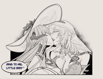 2girls absurdres black_swan_(honkai:_star_rail) blush breasts clear_sky commentary constance_(honkai:_star_rail) english_commentary english_text french_kiss greyscale hand_on_another's_chin hat highres honkai:_star_rail honkai_(series) horns kiss large_breasts monochrome multiple_girls sky speech_bubble sweetcoffeeeee tongue veil yuri