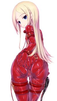 1girl anal anal_object_insertion arm_cuffs ass ball_gag bdsm blonde_hair blue_eyes bodysuit butt_plug cuffs expressionless flat_chest gag gag_around_neck hand_on_own_ass harness highres latex latex_bodysuit loli long_hair looking_at_viewer looking_back object_insertion original parted_bangs red_bodysuit sex_toy shiny_clothes shouyan skin_tight skindentation solo thigh_cuffs ungagged unworn_gag white_background wiffle_gag