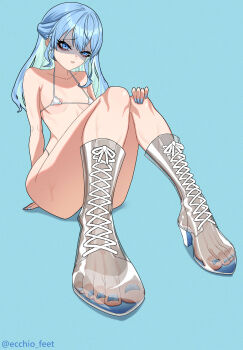 1girl absurdres aqua_hair areola_slip armpit_crease bikini blue_background blue_eyes blue_hair blue_nails blush boots breasts colored_inner_hair convenient_leg ecchi-o eyelashes feet foot_focus foreshortening hair_between_eyes hand_on_own_knee high_heel_boots high_heels highres hololive hoshimachi_suisei knees_together_feet_apart knees_up legs long_hair looking_at_viewer micro_bikini multicolored_hair nail_polish paid_reward_available parted_lips see-through_clothes see-through_footwear sidelocks simple_background sitting small_breasts solo swimsuit toenail_polish toenails toes twitter_username virtual_youtuber white_bikini